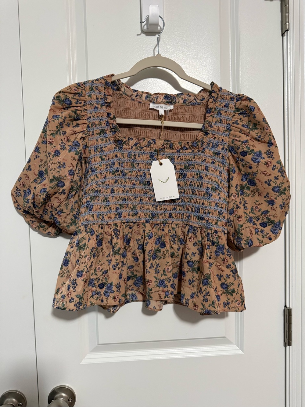 Free the Roses Tan Floral Smocked Puff-Sleeve Top